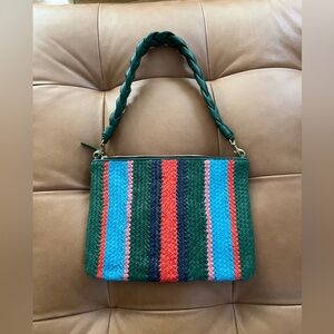 Clare V. Flat Clutch with tabs in evergreen stripes